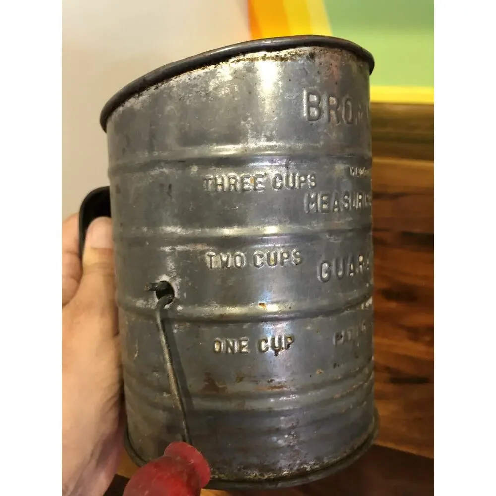 Antique Bromwell Metal Flour Sifter with Red Wood Knob Turn Handle USA